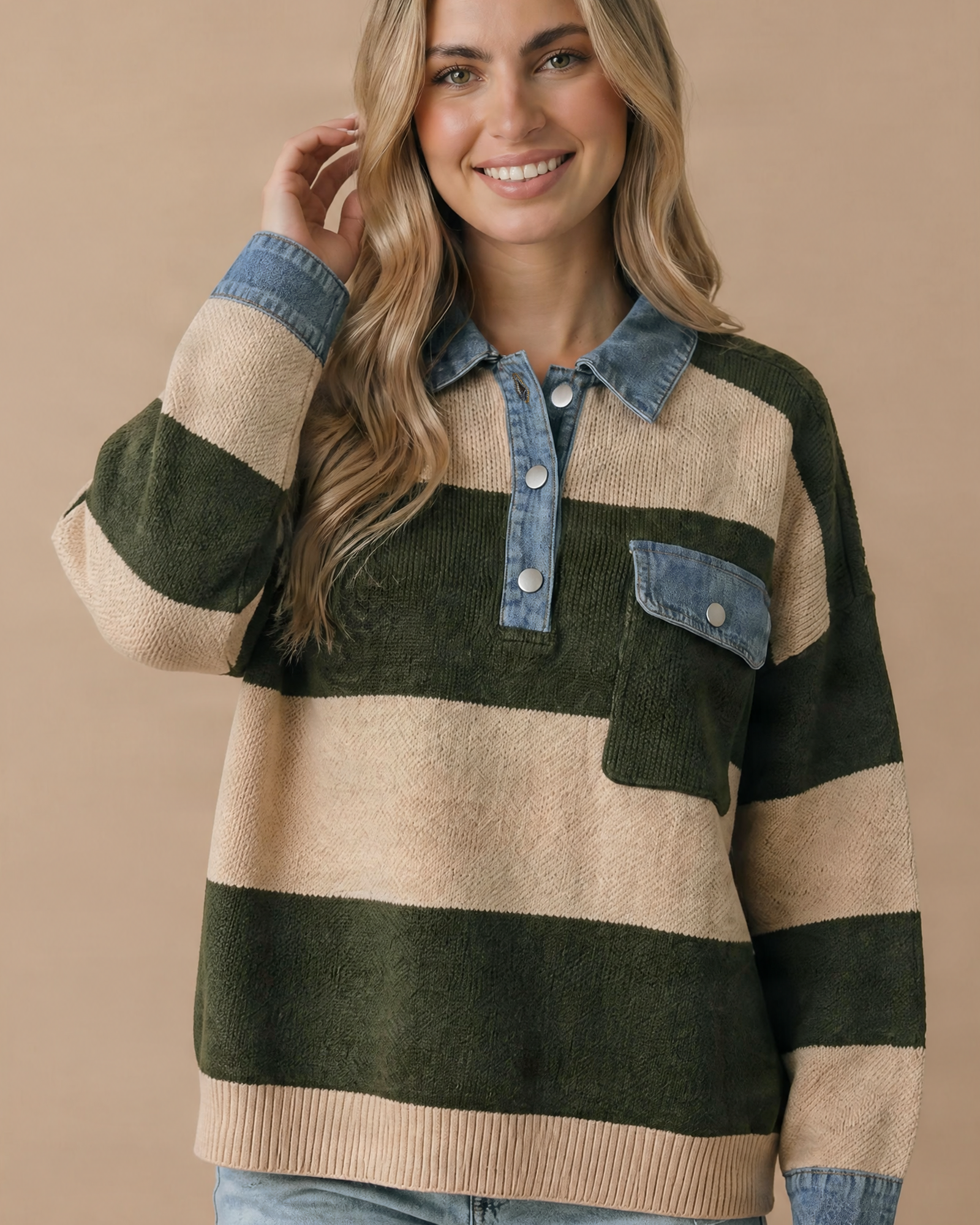 Stripe & Denim Contrast Oversized Knit Polo Sweater
