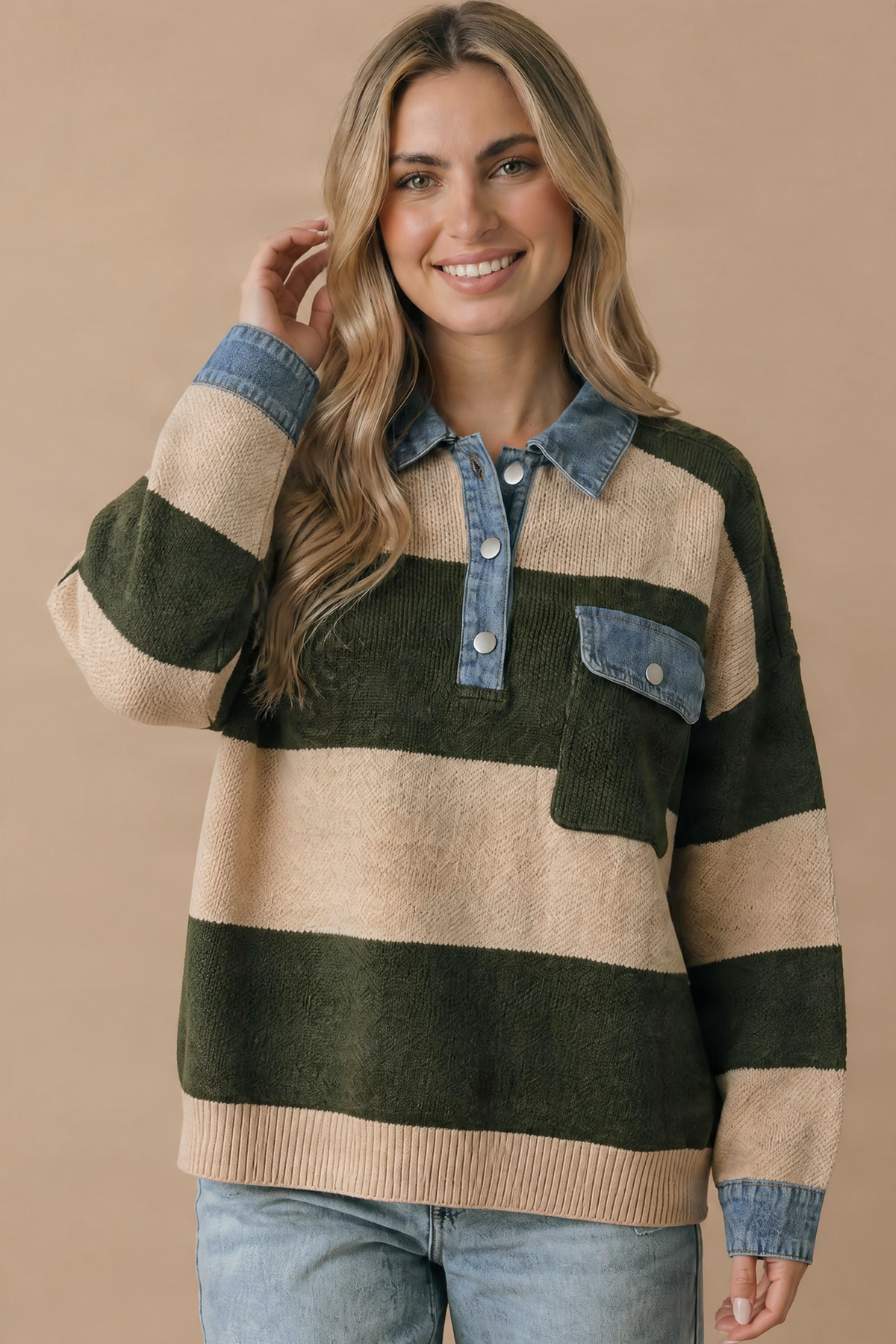 Stripe & Denim Contrast Oversized Knit Polo Sweater