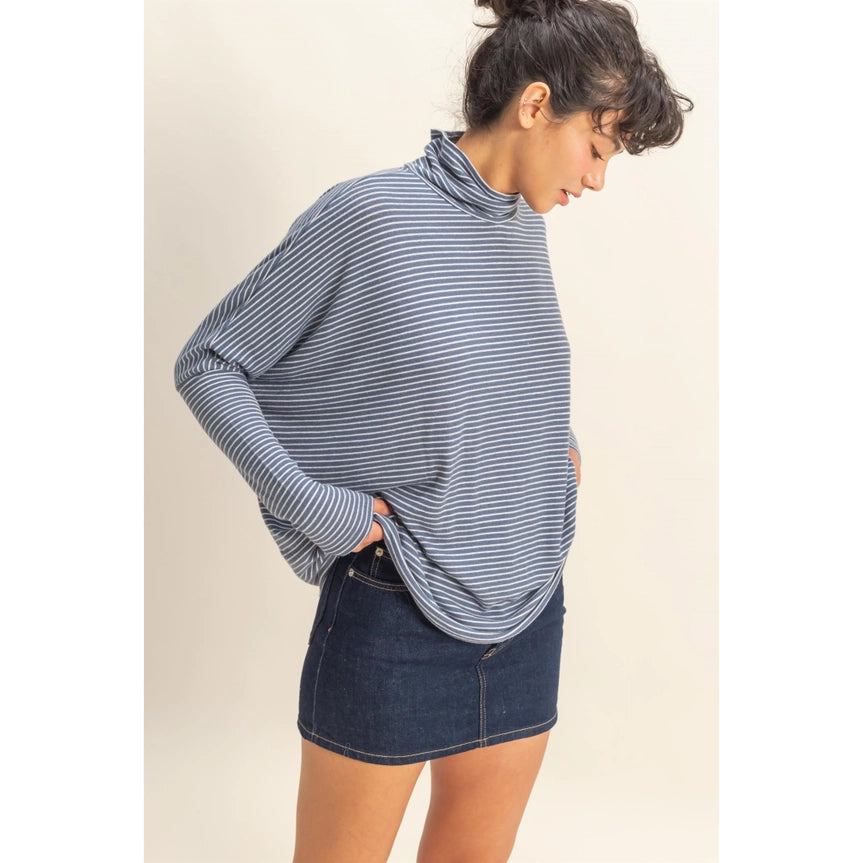 Striped Turtle Neck Dolman Sleeve Top