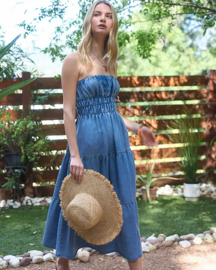 Strapless Tiered Denim Midi Dress with Shirred Waist