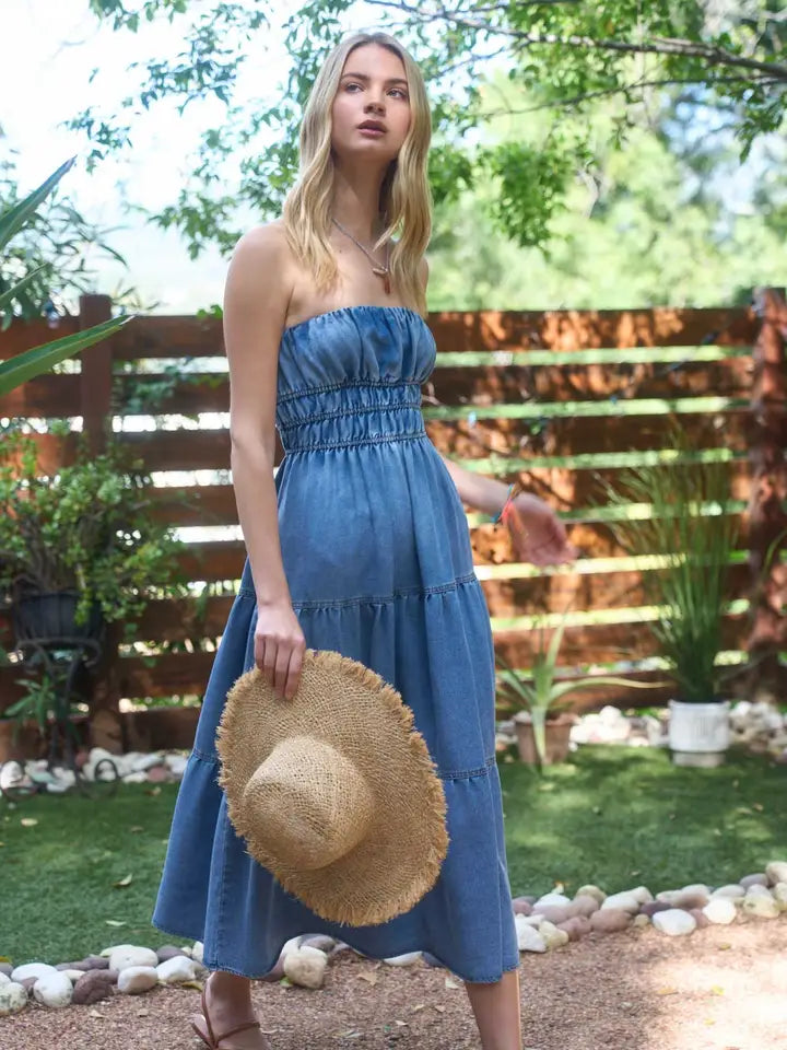 Strapless Tiered Denim Midi Dress with Shirred Waist