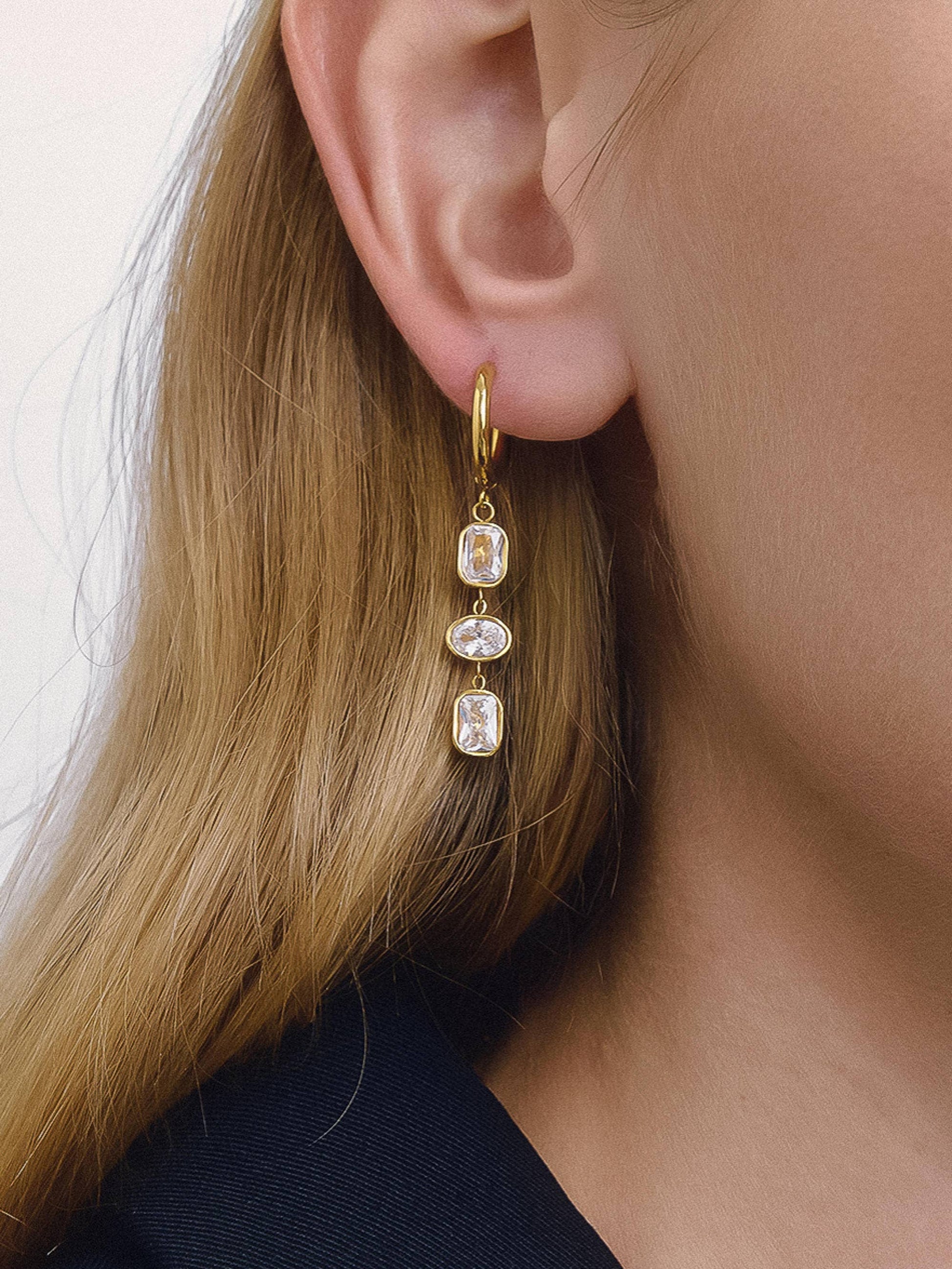Sunniva 18K Gold Non-Tarnish CZ Triple Drop Earrings