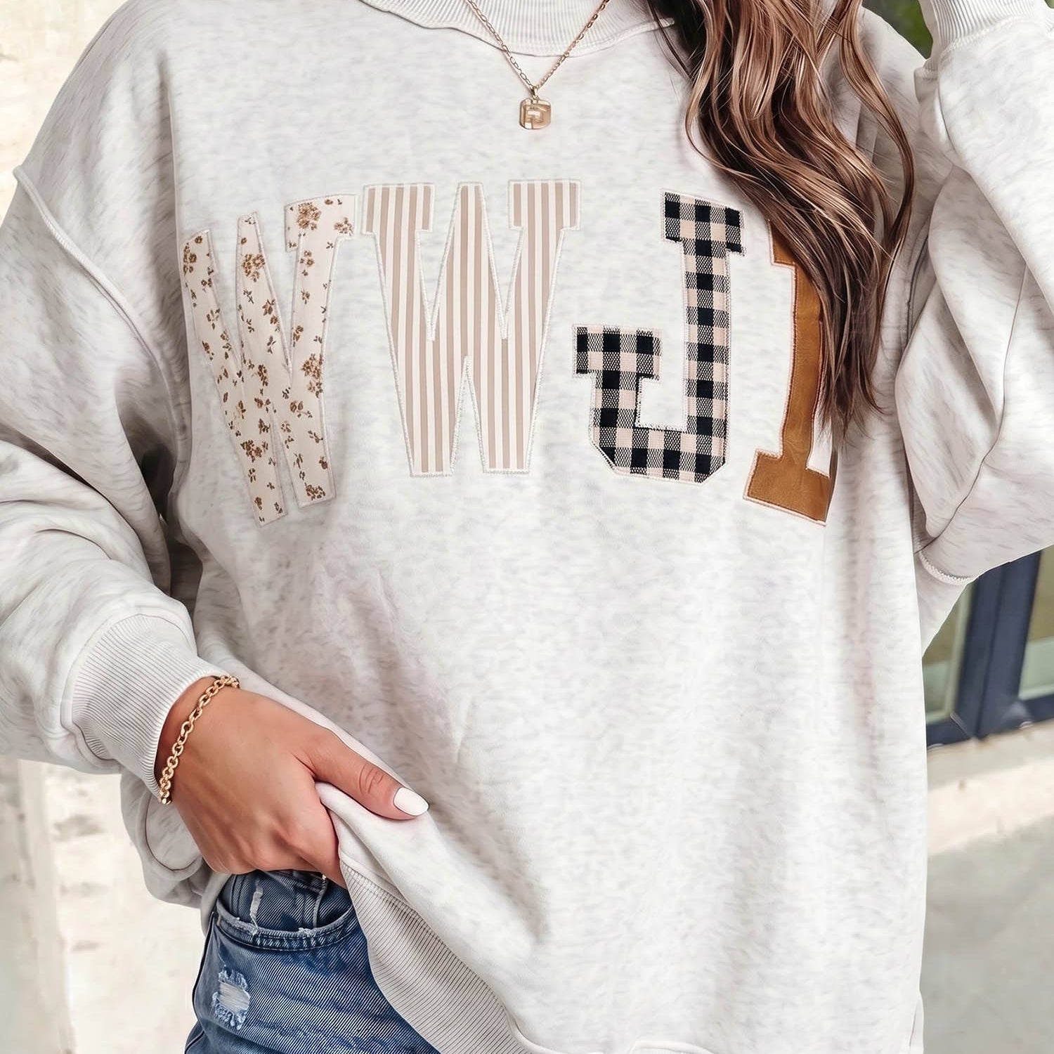 WWJD Embroidered Patch Mock Neck Sweatshirt