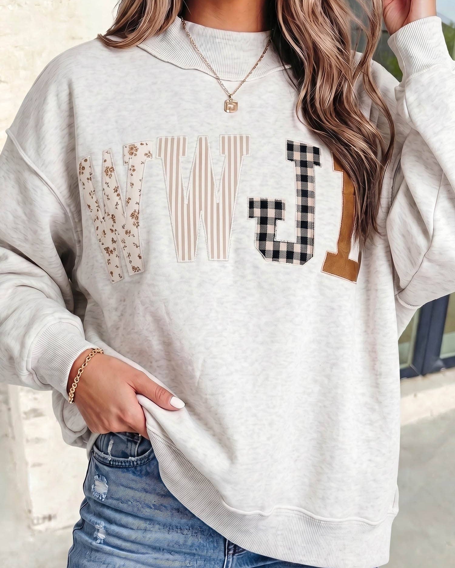 WWJD Embroidered Patch Mock Neck Sweatshirt