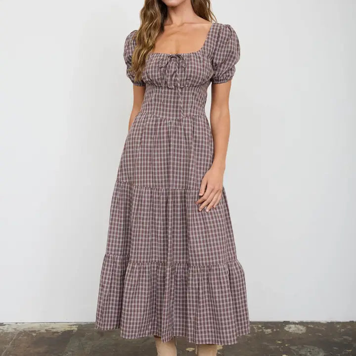 Plaid Puff Sleeve Corset Detail Tiered Midi Dress