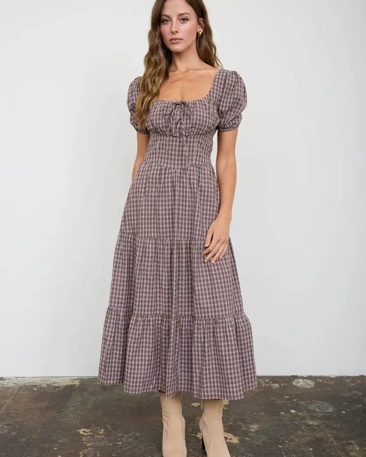 Plaid Puff Sleeve Corset Detail Tiered Midi Dress