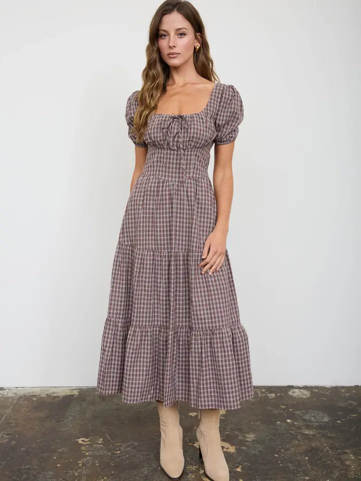Plaid Puff Sleeve Corset Detail Tiered Midi Dress