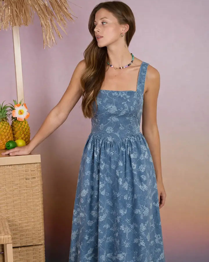 Floral Jacquard Corset Denim Midi Dress