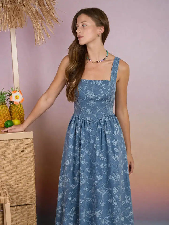 Floral Jacquard Corset Denim Midi Dress
