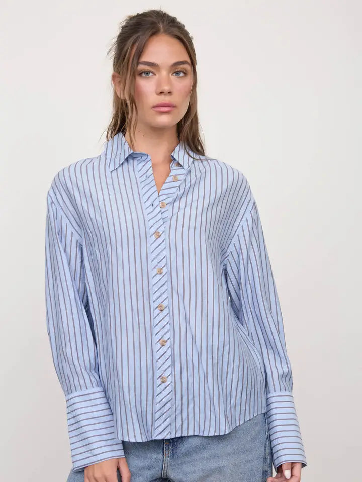 Blu Pepper Stripe Collared Back Button Detail Long Sleeve Top - Blue