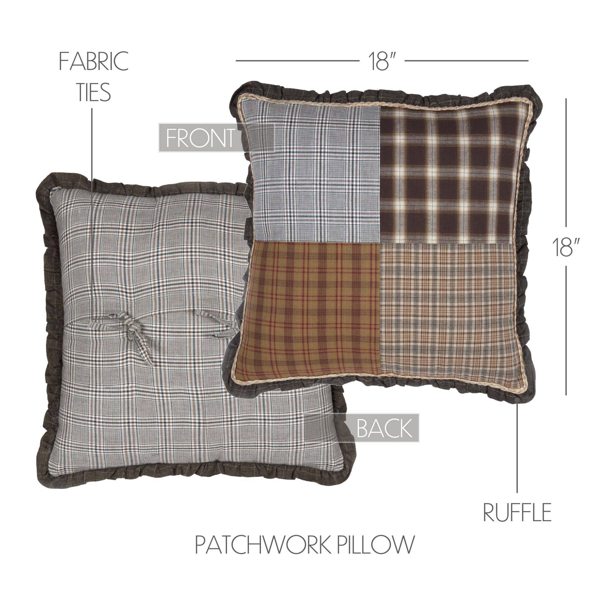 Heritage Brown Patchwork Quilted Throw Pillow 18x18 Cotton