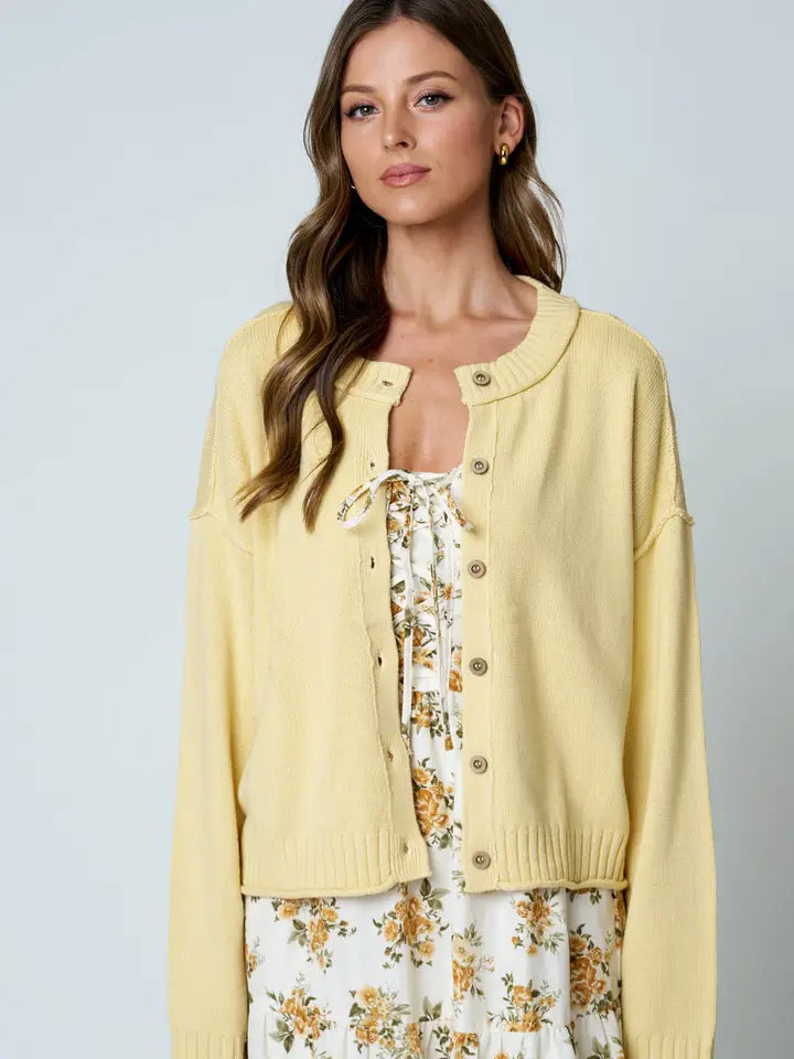 Raw Edge Exposed Seam Button Down Knit Cardigan