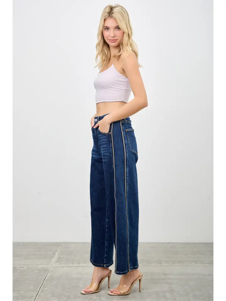 High-Rise Sculpted Barrel Jeans with Contrast Side Piping
