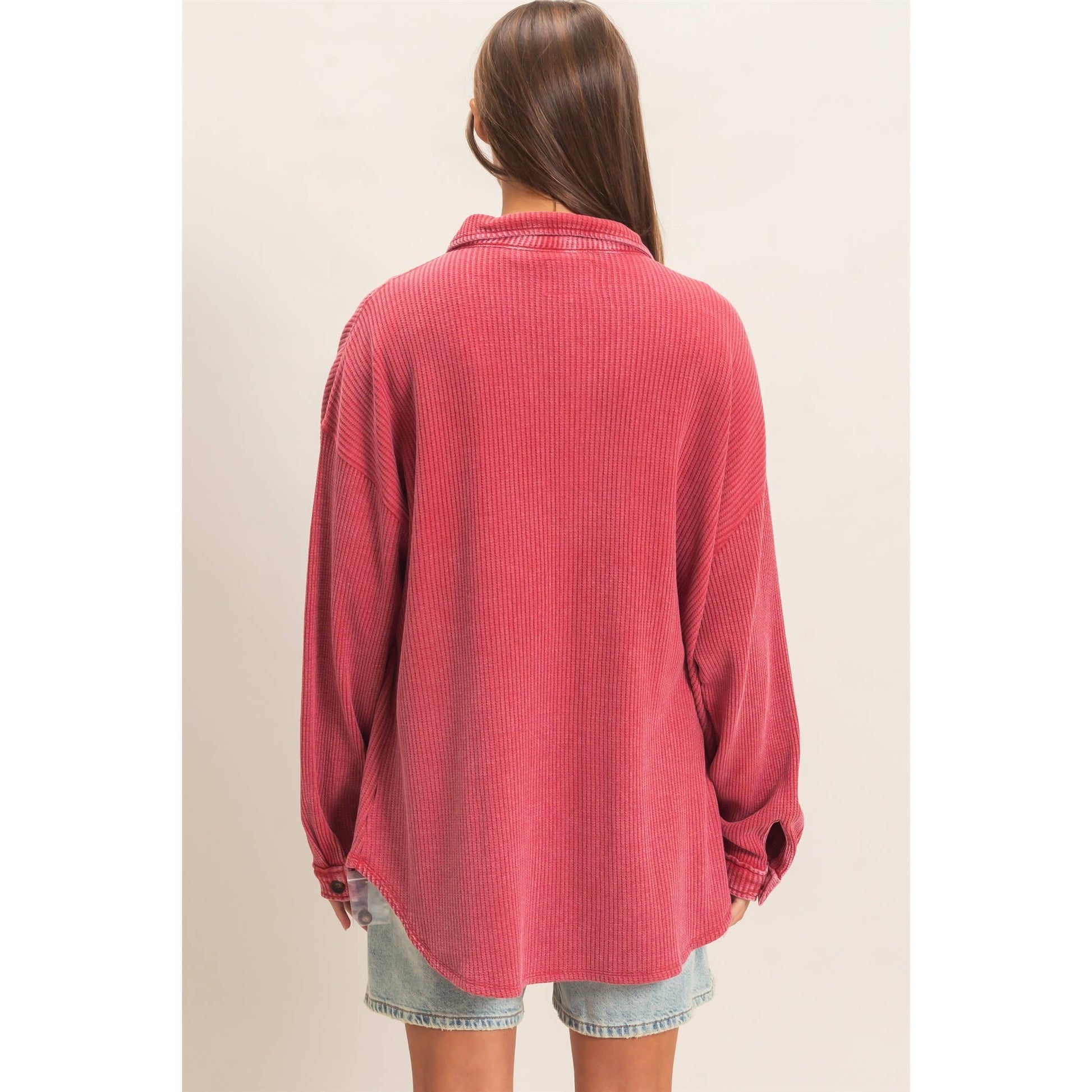 Mineral Wash Waffle Knit Button-Up Shacket