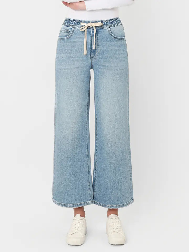 Super High Rise Elastic Waistband Crop Wide Jeans
