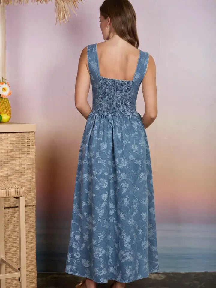 Floral Jacquard Corset Denim Midi Dress
