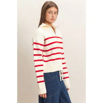Nautical Chic Half-Zip Collared Striped Sweater
