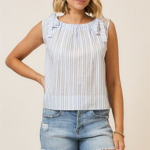 Seaside Blue Striped Ruched Sleeveless Top