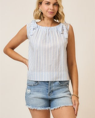 Seaside Blue Striped Ruched Sleeveless Top