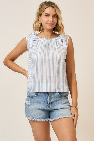 Seaside Blue Striped Ruched Sleeveless Top