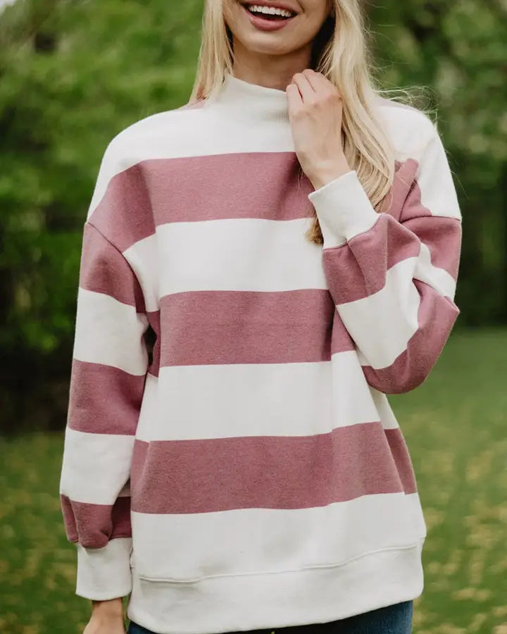 Wine and White Striped Mockneck Pullover