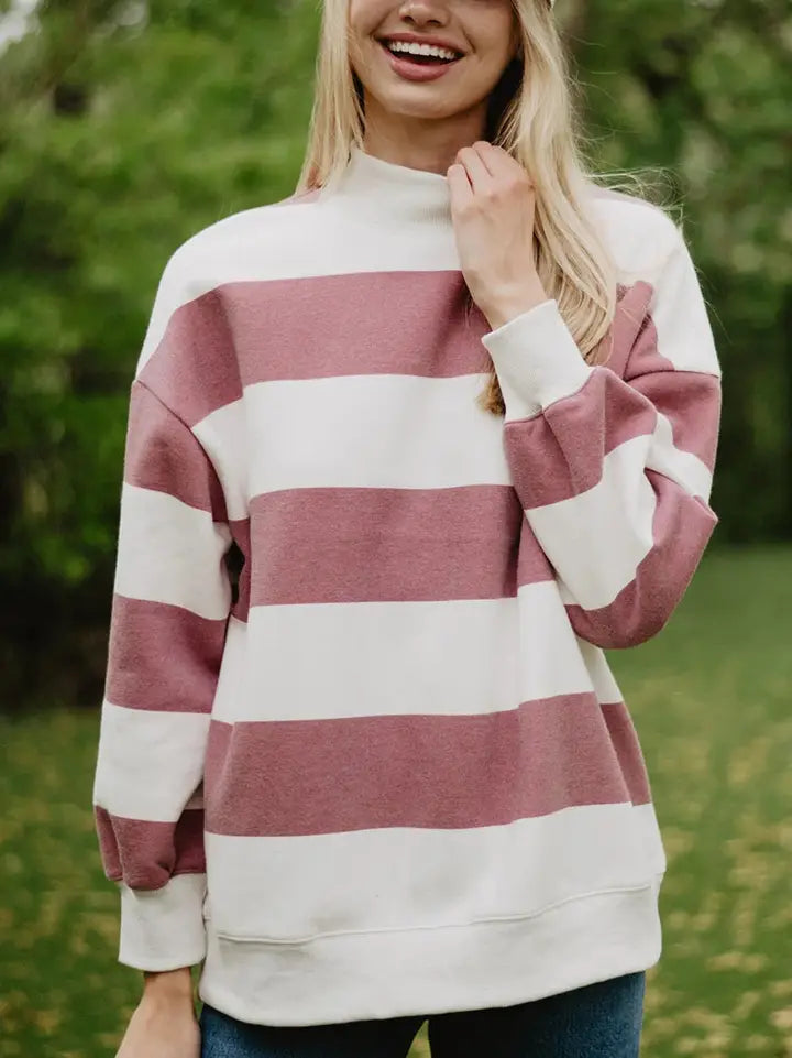 Wine and White Striped Mockneck Pullover