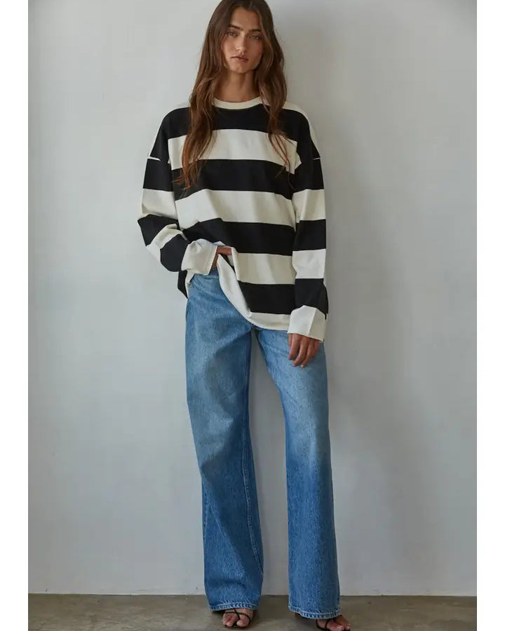 Premium Striped Cotton Oversized Crew Neck Sweatshirt