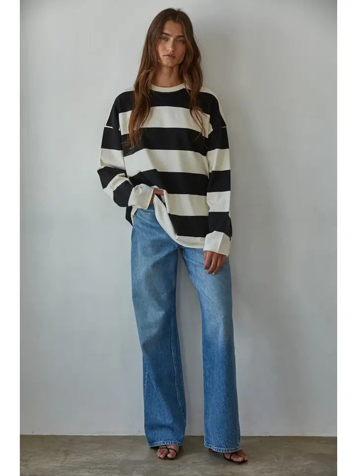 Premium Striped Cotton Oversized Crew Neck Sweatshirt