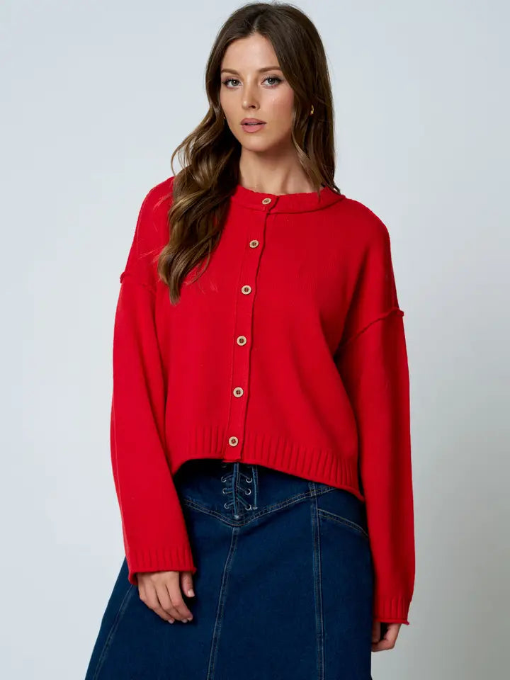 Raw Edge Exposed Seam Button Down Knit Cardigan