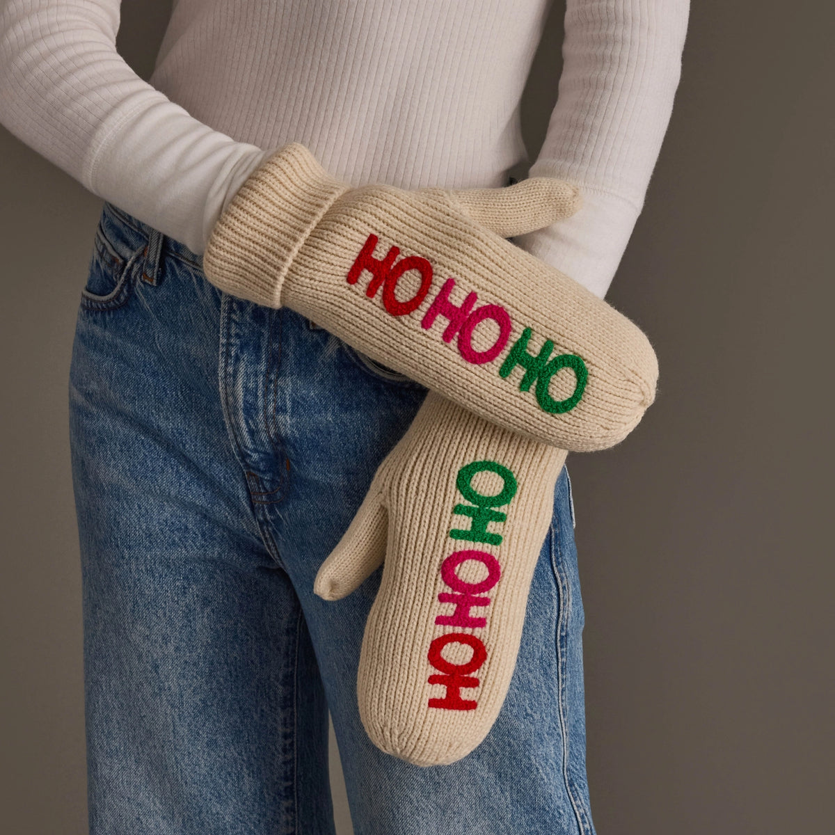 Beige Ho Ho Ho Knit Mittens