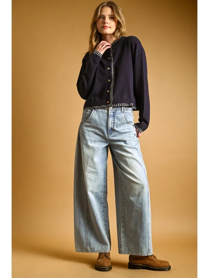 Miou Muse Plaid Contrast Navy Crew Neck Cardigan