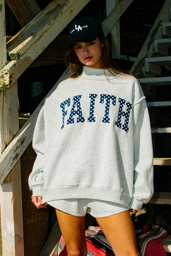 FAITH Embroidered Polka-Dot Mock Neck Oversized Sweatshirt