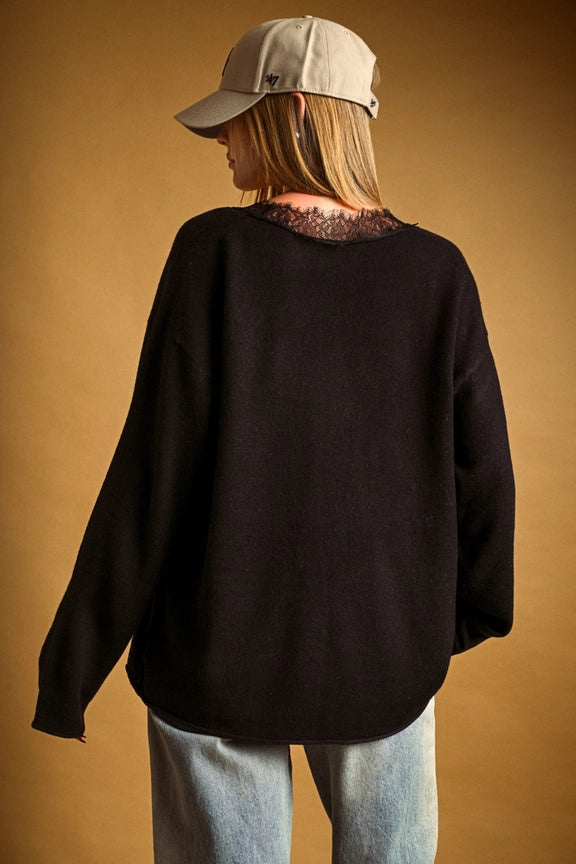 Eyelash Lace Trim Oversized V-Neck Knit Pullover