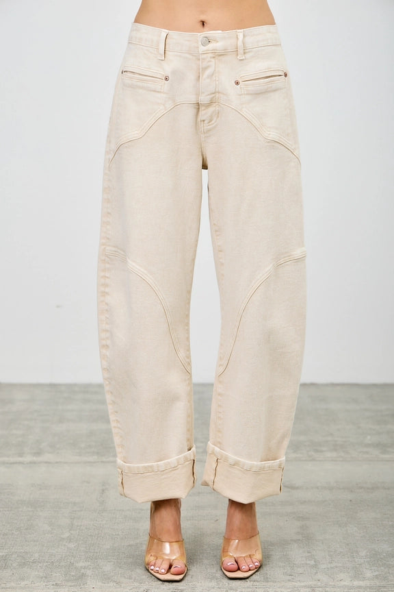 Sand Acid Wash High-Rise Western Barrel Jeans