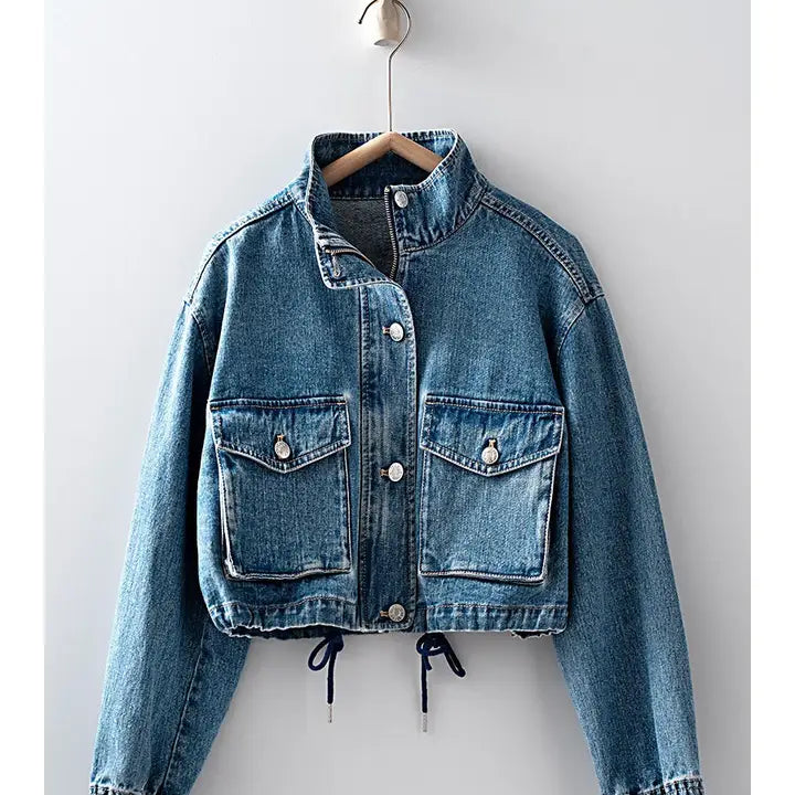 Cropped Drawstring Denim Jacket
