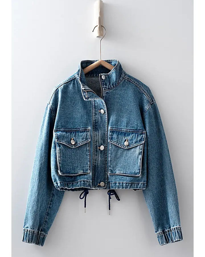 Cropped Drawstring Denim Jacket