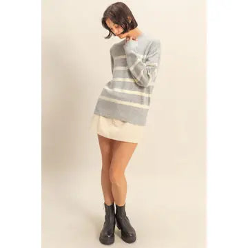 Grey Striped High Neck Sweater