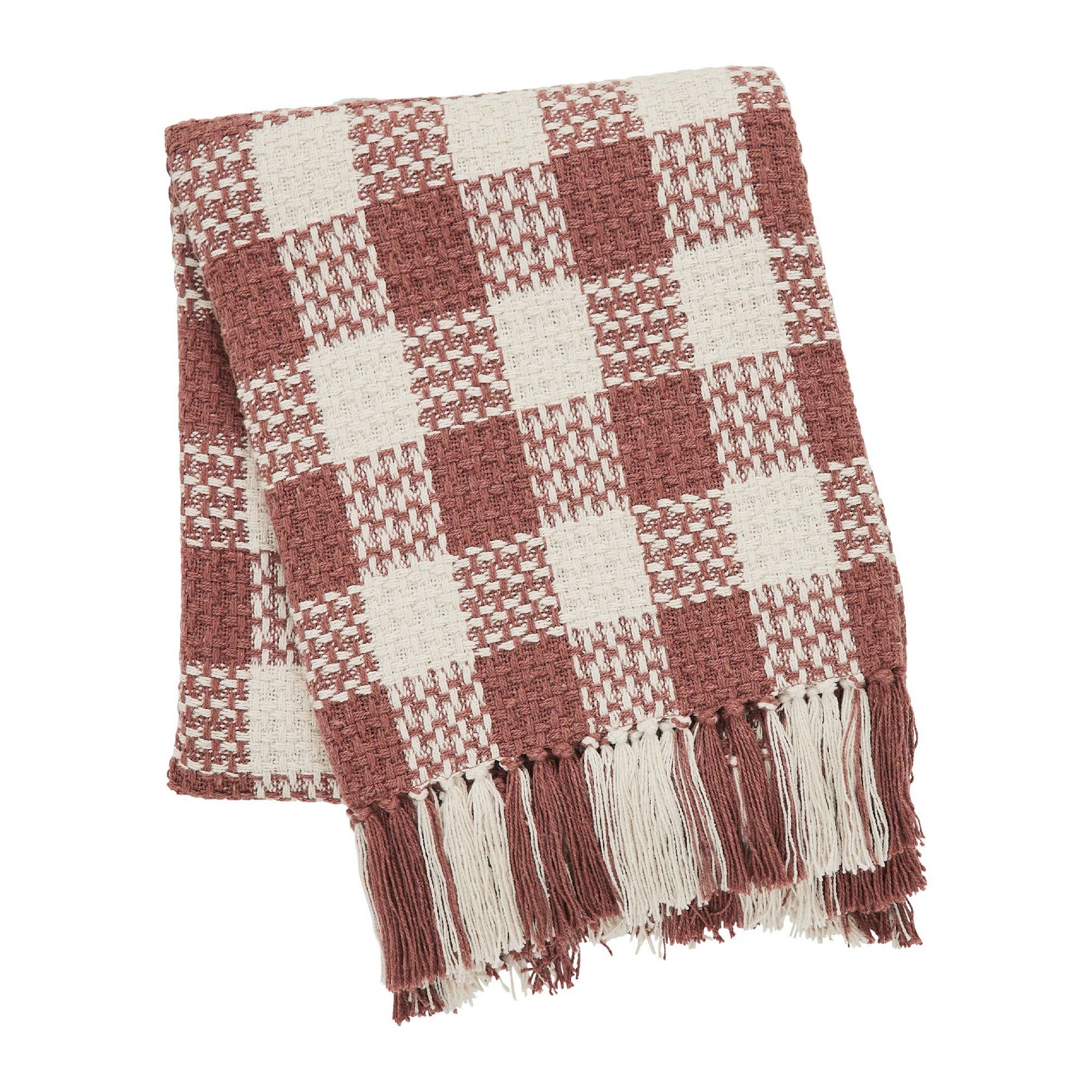 Dusty Rose Heritage Check Throw Blanket with Fringe 50x60