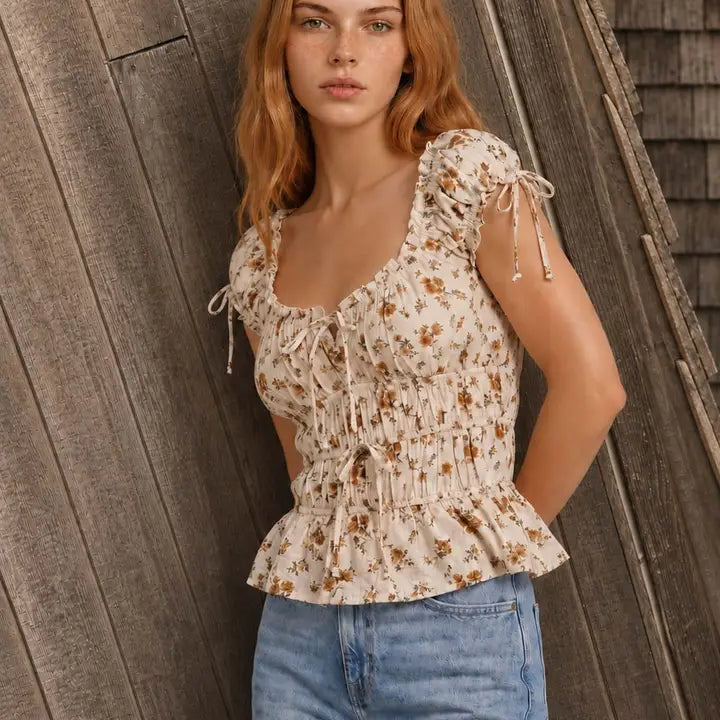 Floral Front Tie Shirred Waist Ruffled Top