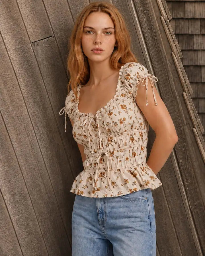 Floral Front Tie Shirred Waist Ruffled Top