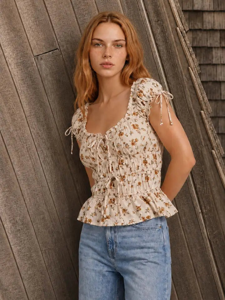 Floral Front Tie Shirred Waist Ruffled Top