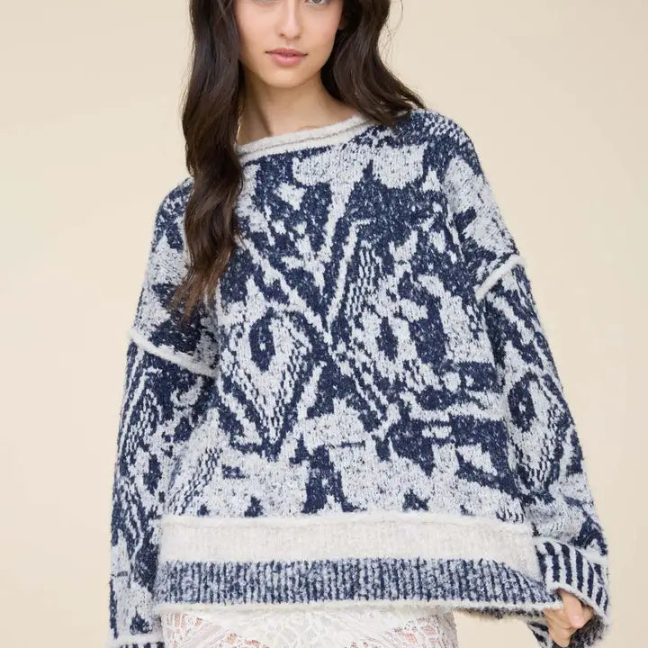 Geometric Diamond Raw Edge Wool Blend Knit Sweater