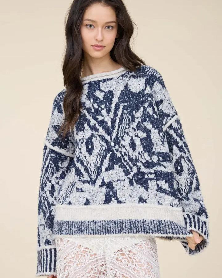 Geometric Diamond Raw Edge Wool Blend Knit Sweater