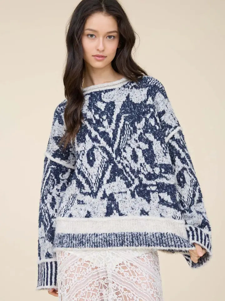 Geometric Diamond Raw Edge Wool Blend Knit Sweater