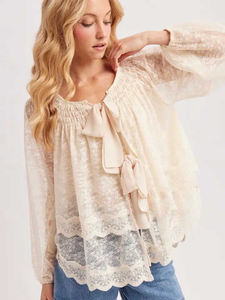 Layered Lace Tie-Front Closures 2-WAY Blouse