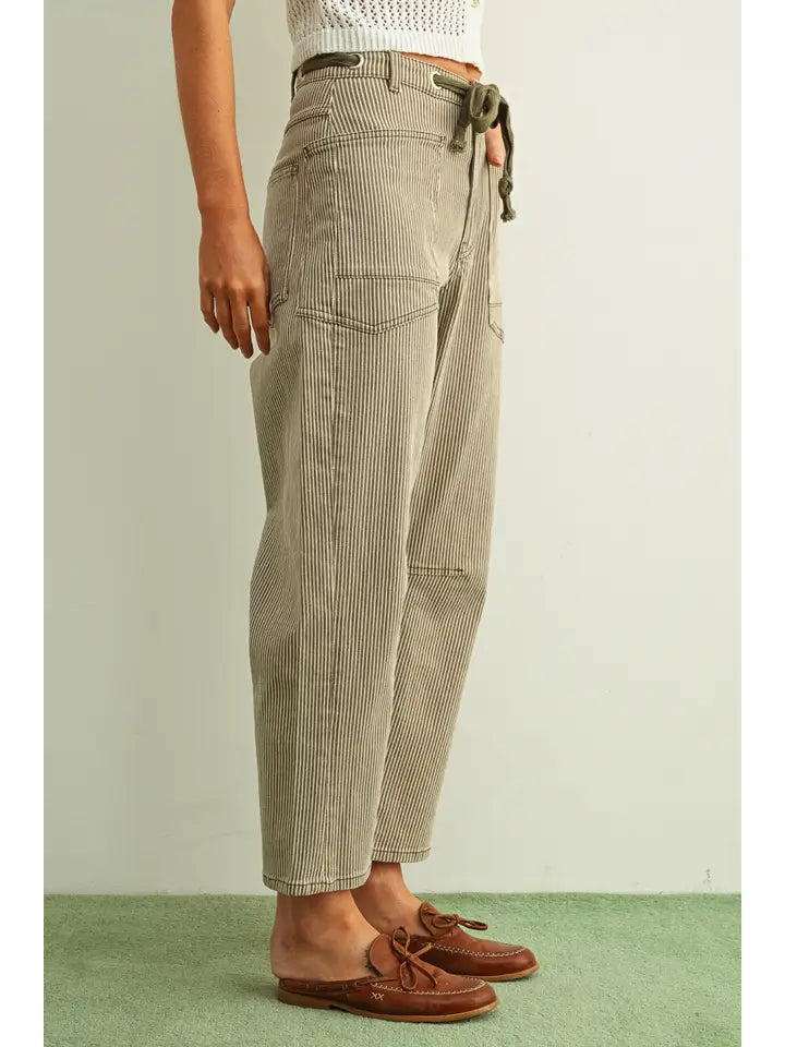 Striped Pattern Washed Barrel Pants with Belt