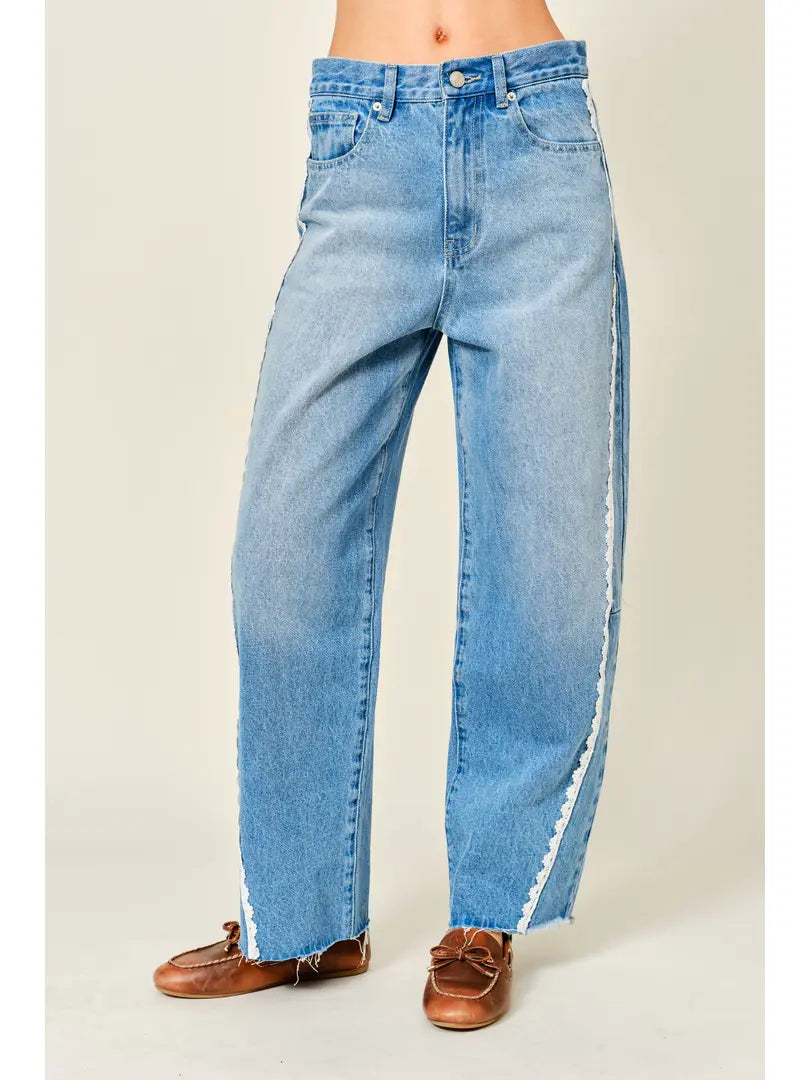 Lace Side Line Detail Barrel Denim Pants