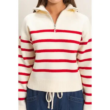 Nautical Chic Half-Zip Collared Striped Sweater