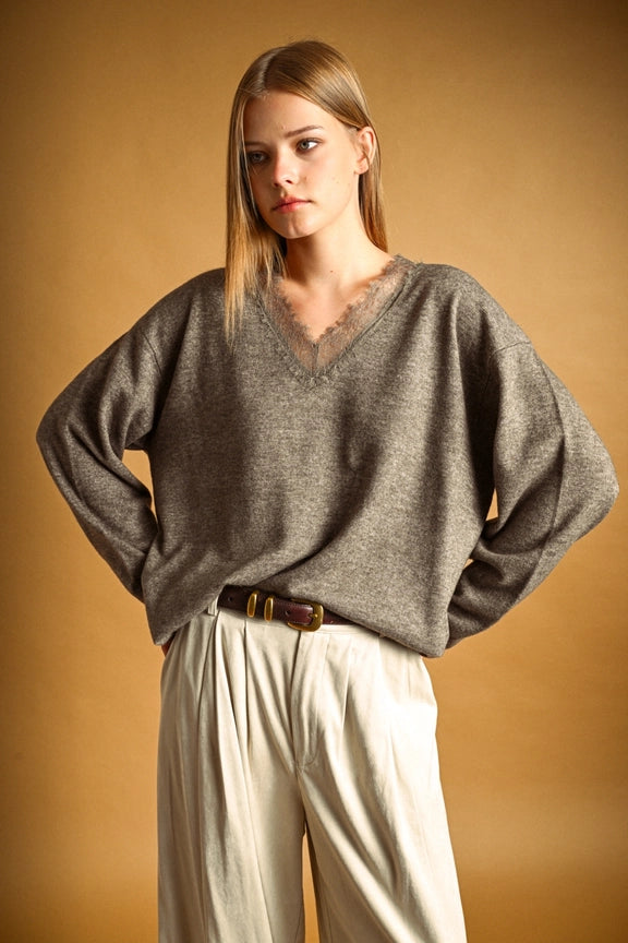 Eyelash Lace Trim Oversized V-Neck Knit Pullover