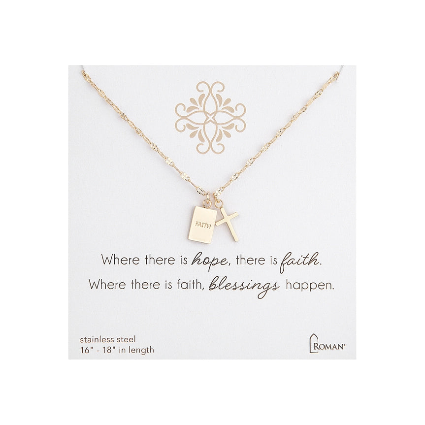 Inspirational Gold Cross Necklace – Hope, Faith & Blessed Charms